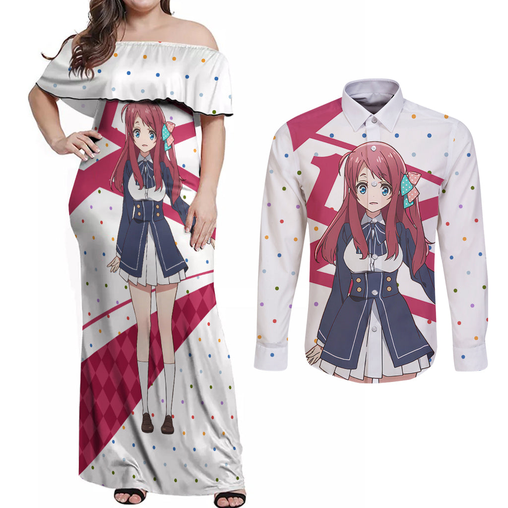 Zombie Land Saga Sakura Minamoto Couples Matching Off Shoulder Maxi Dress and Long Sleeve Button Shirt Anime Style