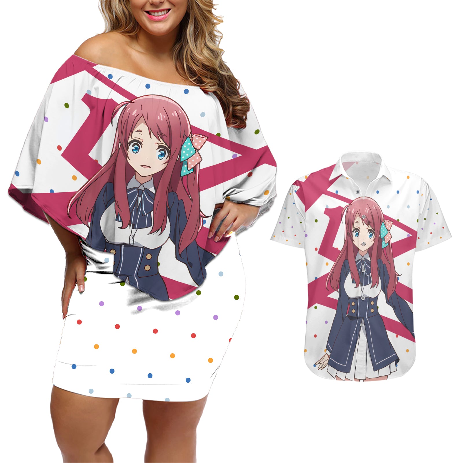 Zombie Land Saga Sakura Minamoto Couples Matching Off Shoulder Short Dress and Hawaiian Shirt Anime Style