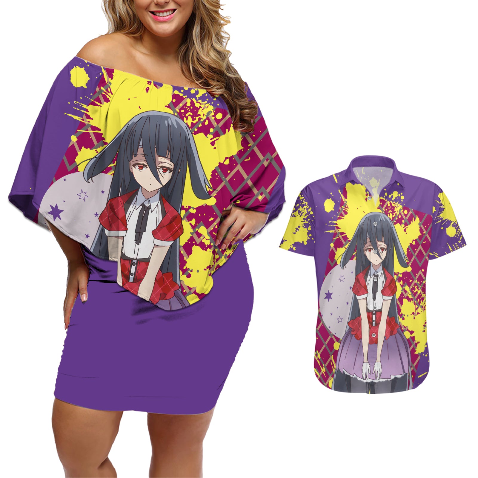 Zombie Land Saga Tae Yamada Couples Matching Off Shoulder Short Dress and Hawaiian Shirt Anime Style