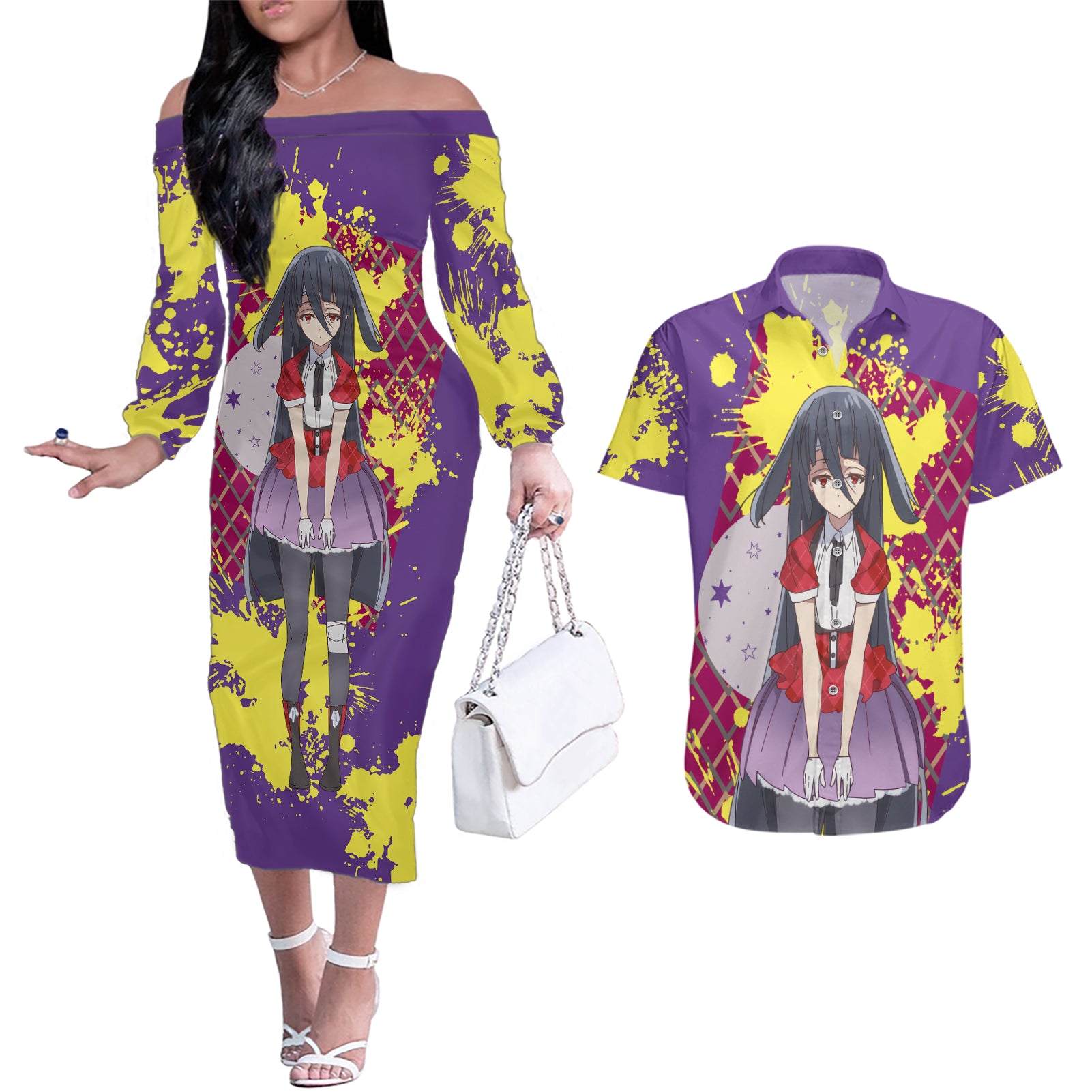 Zombie Land Saga Tae Yamada Couples Matching Off The Shoulder Long Sleeve Dress and Hawaiian Shirt Anime Style