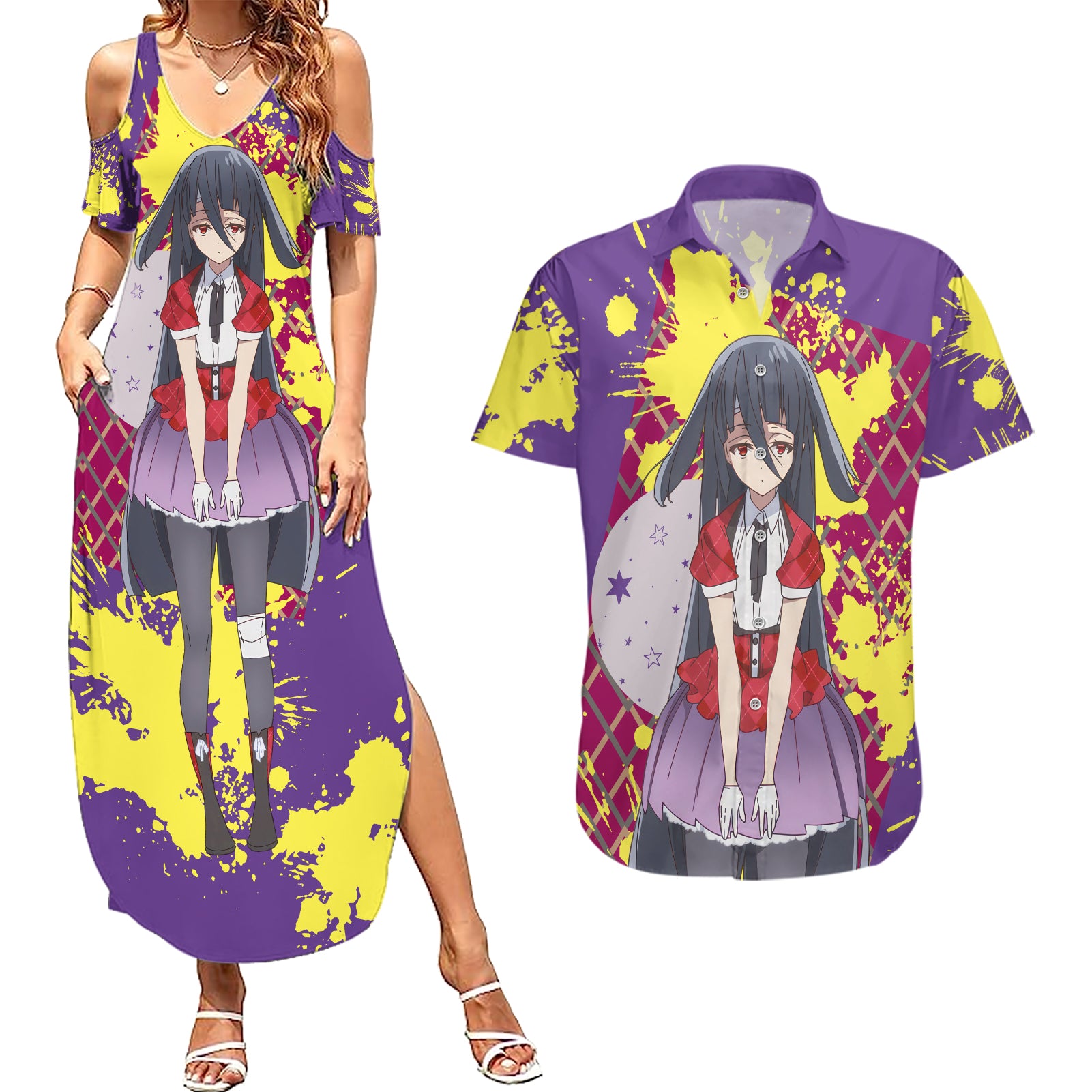 Zombie Land Saga Tae Yamada Couples Matching Summer Maxi Dress and Hawaiian Shirt Anime Style