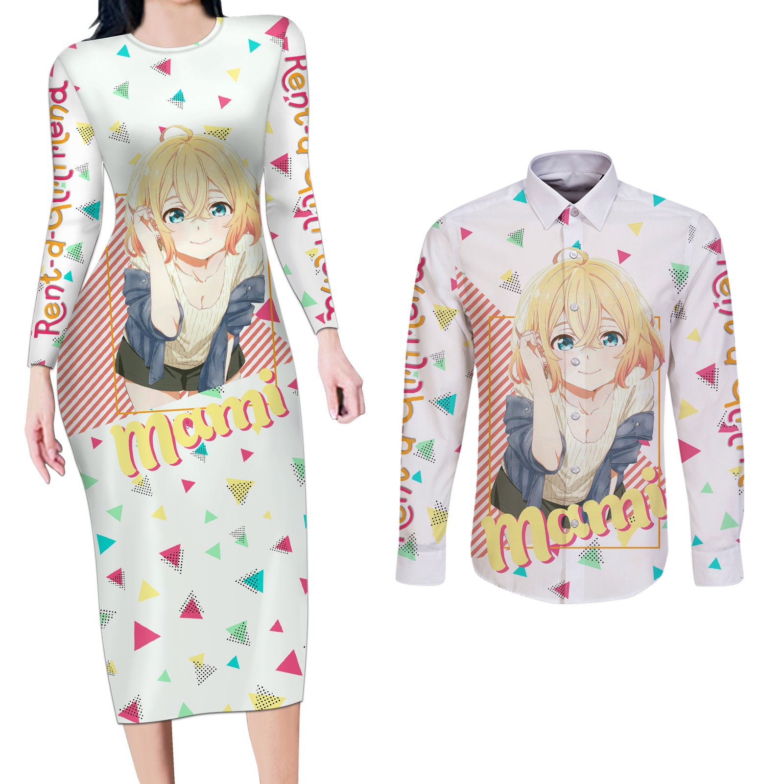 Rent A Girlfriend Mami Nanami Couples Matching Long Sleeve Bodycon Dress and Long Sleeve Button Shirt Anime Style