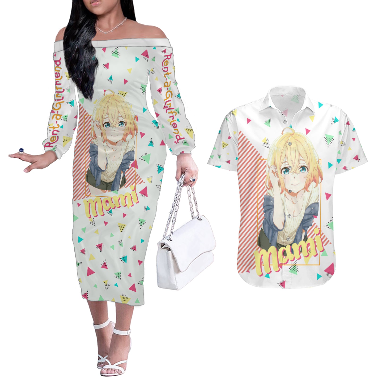 Rent A Girlfriend Mami Nanami Couples Matching Off The Shoulder Long Sleeve Dress and Hawaiian Shirt Anime Style