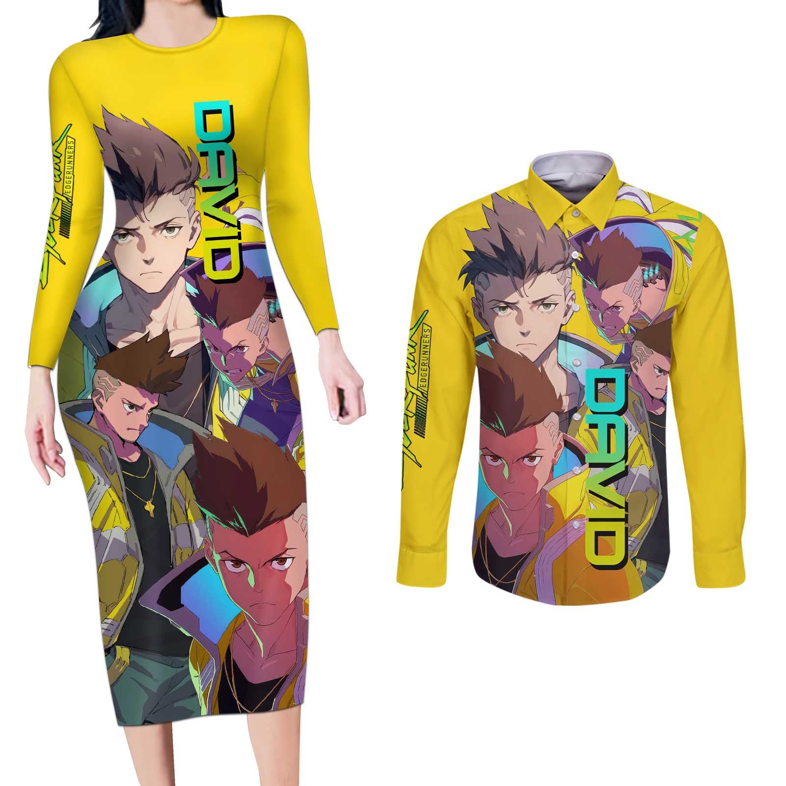 David Martinez - Cyberpunk: Edgerunners Couples Matching Long Sleeve Bodycon Dress and Long Sleeve Button Shirt Anime Style