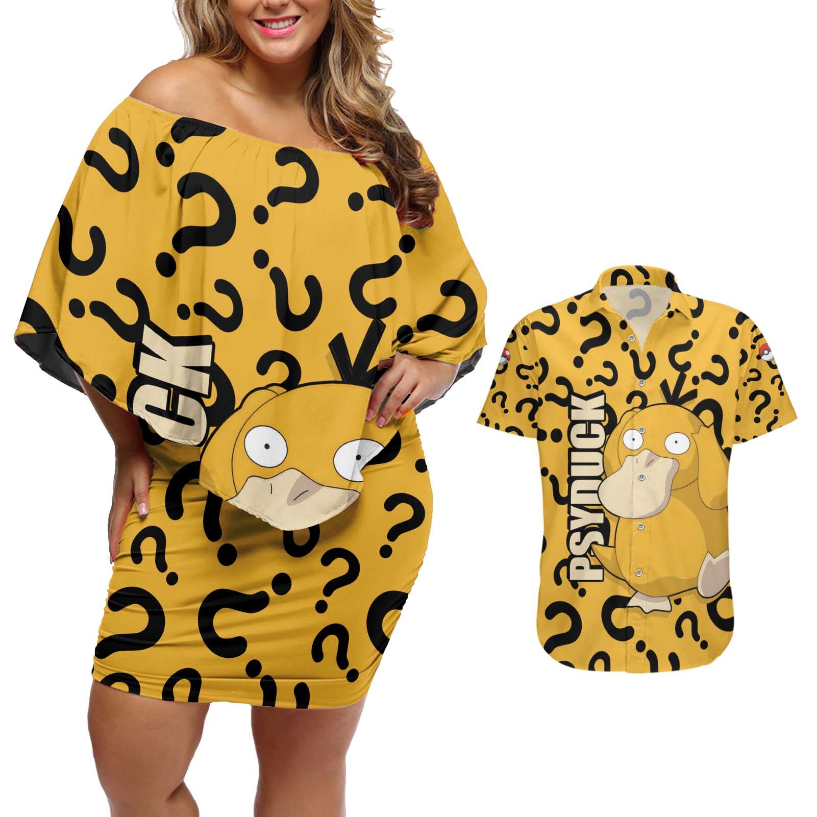 Psyduck - Pokemon Couples Matching Off Shoulder Short Dress and Hawaiian Shirt Anime Style