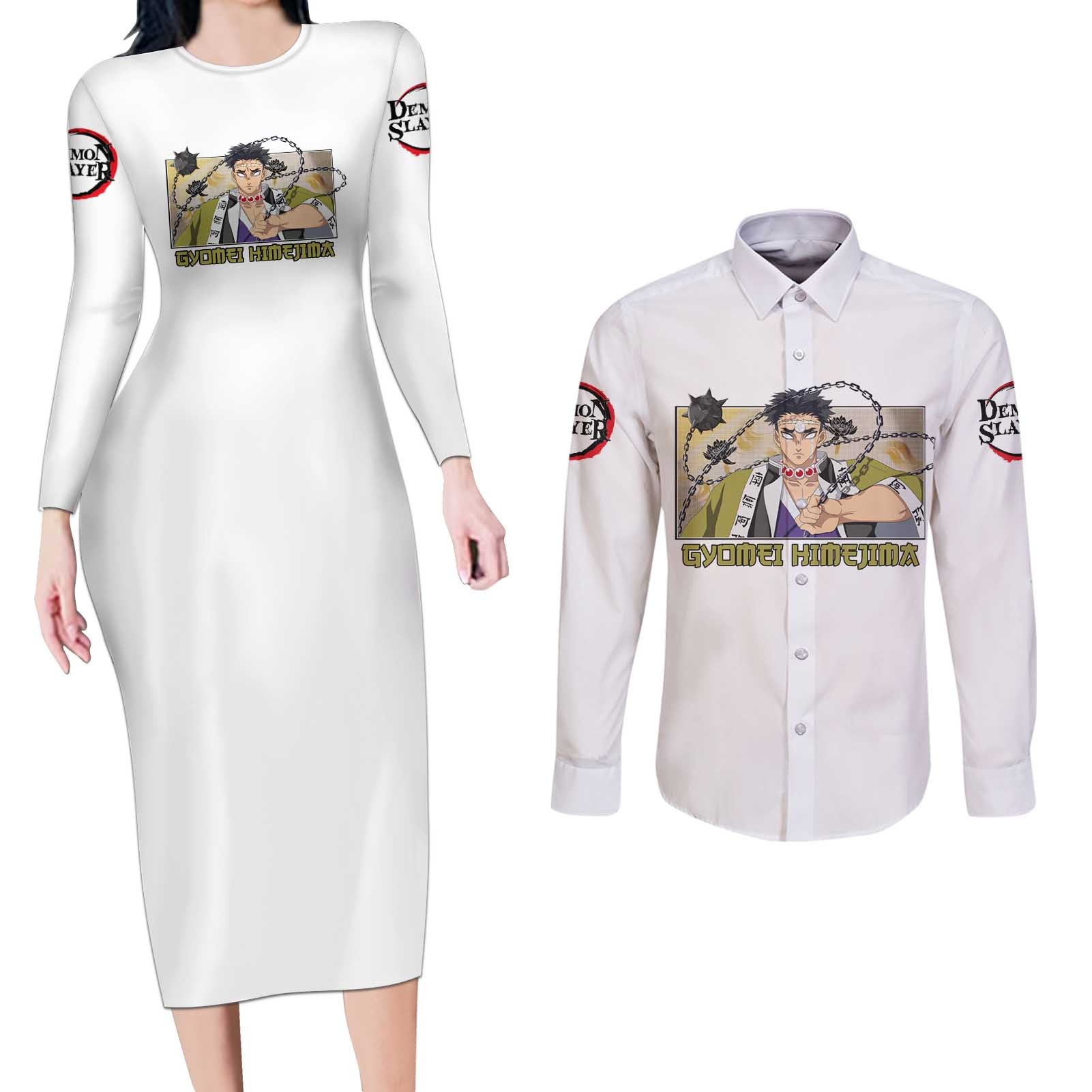 Gyomei Himejima - Demon Slayer Couples Matching Long Sleeve Bodycon Dress and Long Sleeve Button Shirt Anime Style