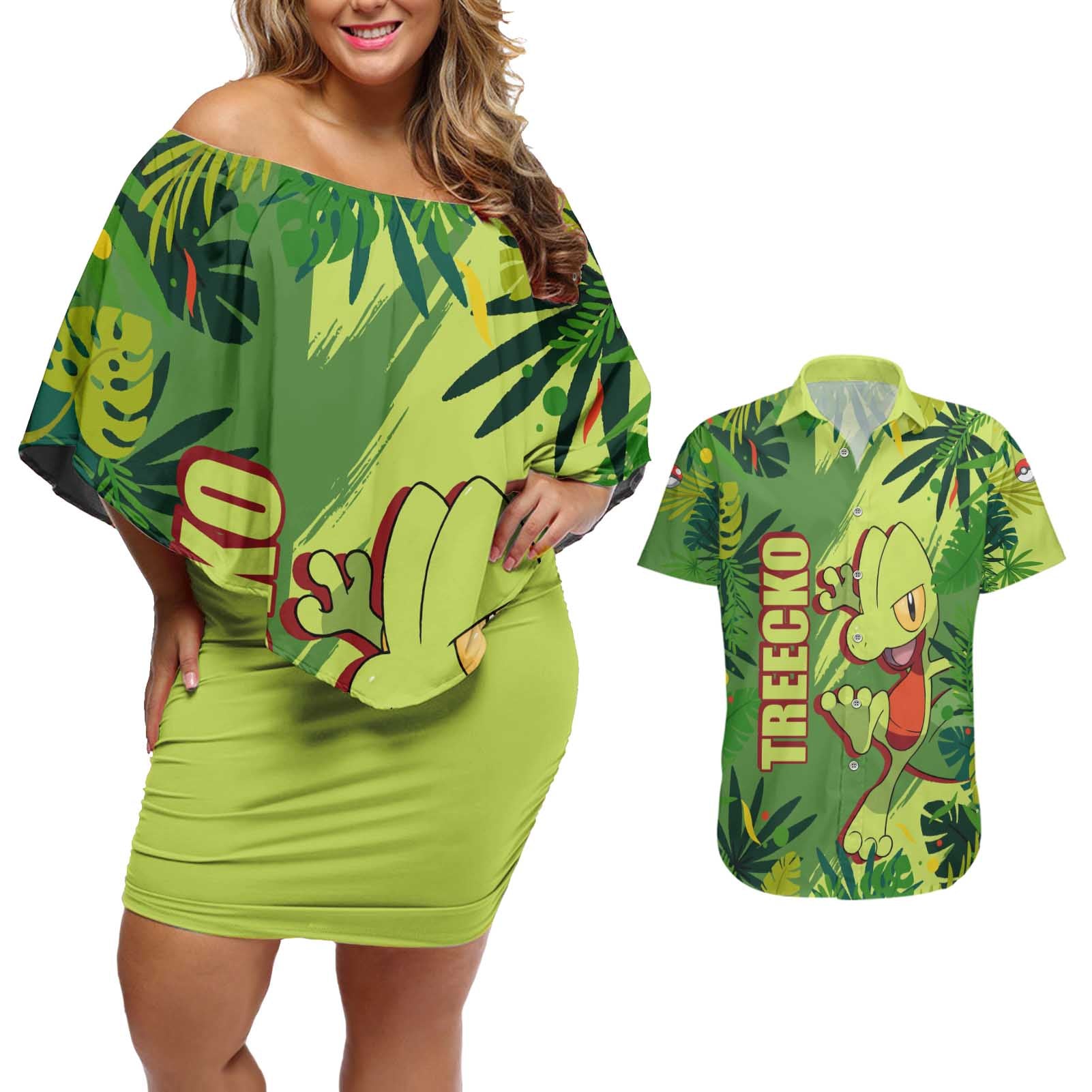 Treecko - Pokemon Couples Matching Off Shoulder Short Dress and Hawaiian Shirt Anime Style