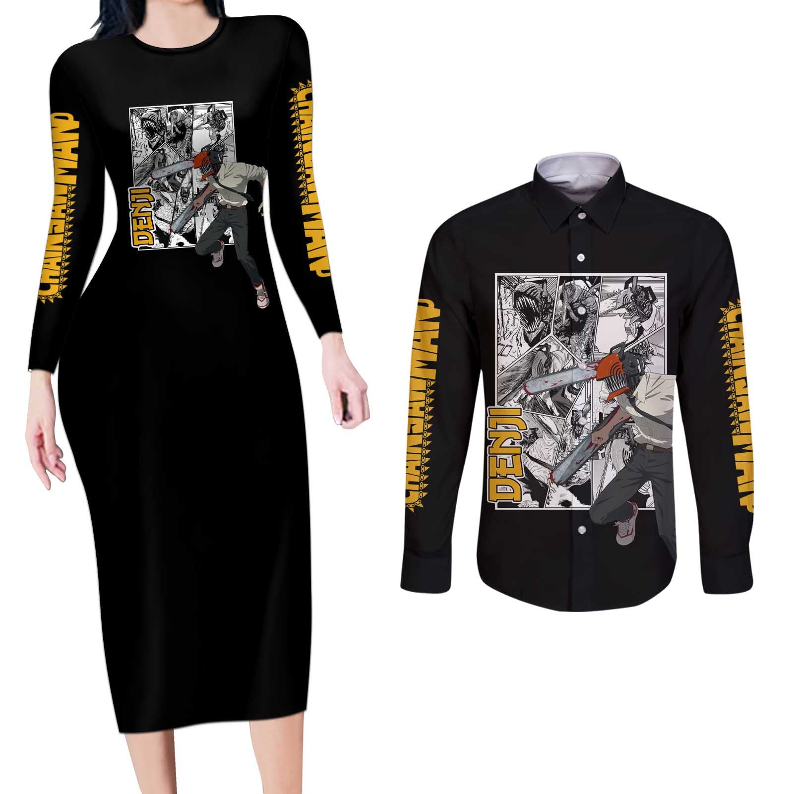 Denji - Chawsan man Couples Matching Long Sleeve Bodycon Dress and Long Sleeve Button Shirt Anime Mix Manga Style