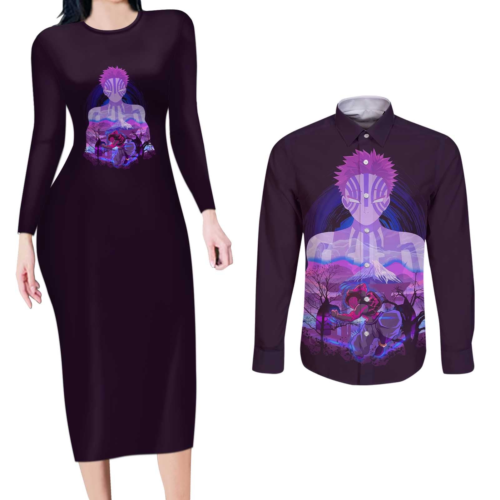 Akaza - Demon Slayer Couples Matching Long Sleeve Bodycon Dress and Long Sleeve Button Shirt Anime Style