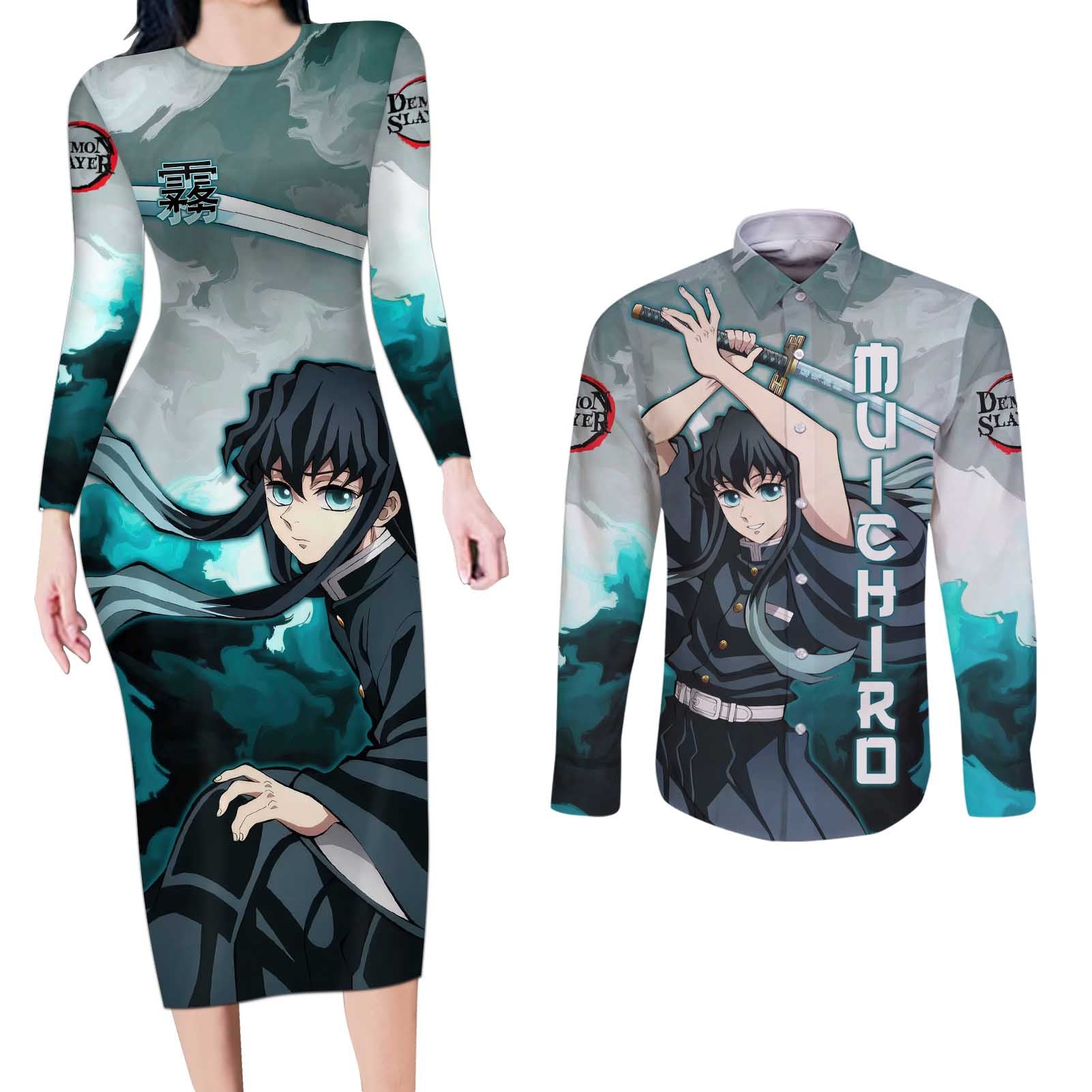 Muichiro Tokito - Demon Slayer Couples Matching Long Sleeve Bodycon Dress and Long Sleeve Button Shirt Anime Style