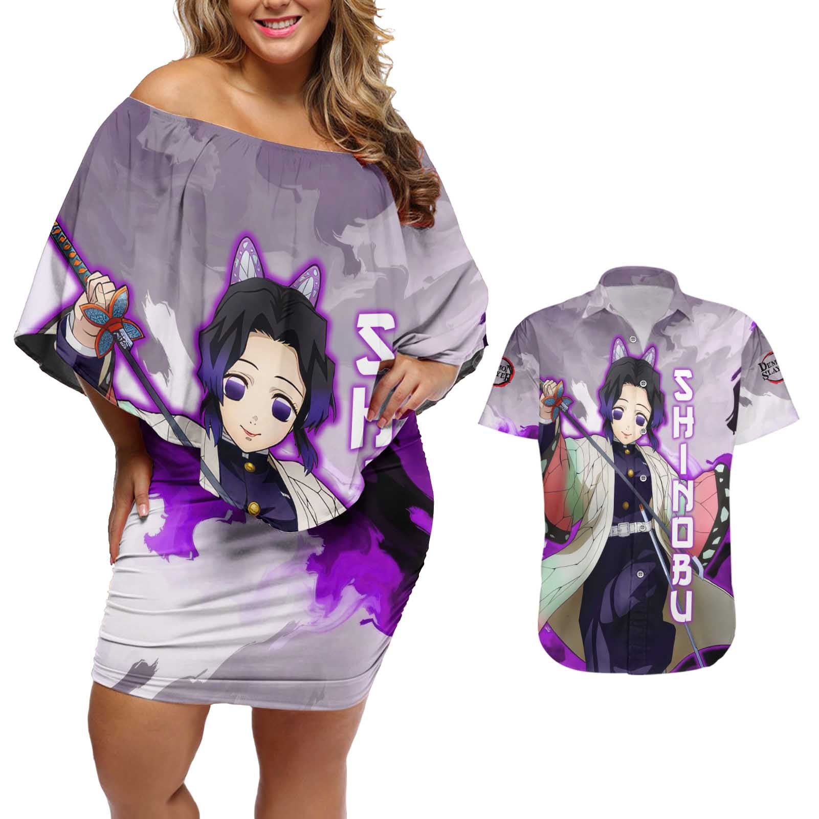 Shinobu Kocho - Demon Slayer Couples Matching Off Shoulder Short Dress and Hawaiian Shirt Anime Style