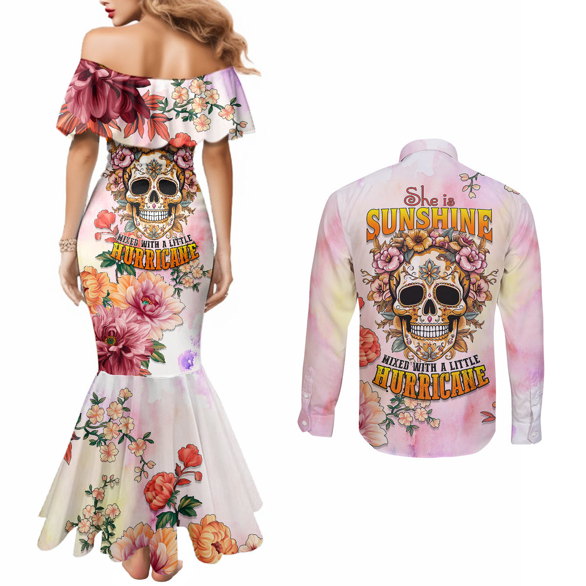 flower-skull-couples-matching-mermaid-dress-and-long-sleeve-button-shirts-she-is-sunshine-mixed-with-a-little-hurricane