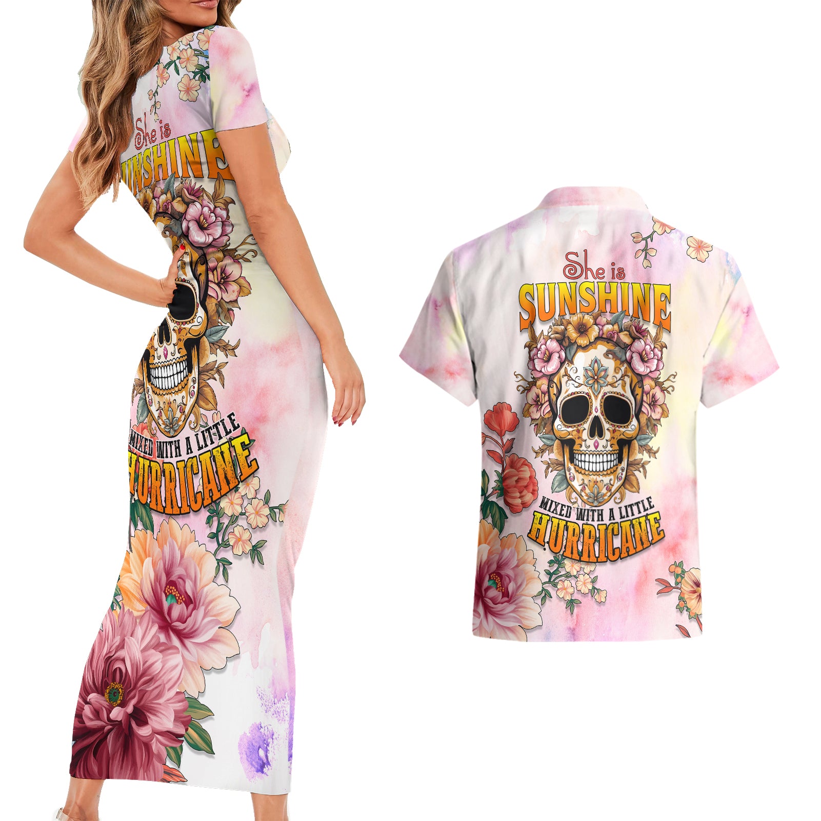 flower-skull-couples-matching-short-sleeve-bodycon-dress-and-hawaiian-shirt-she-is-sunshine-mixed-with-a-little-hurricane