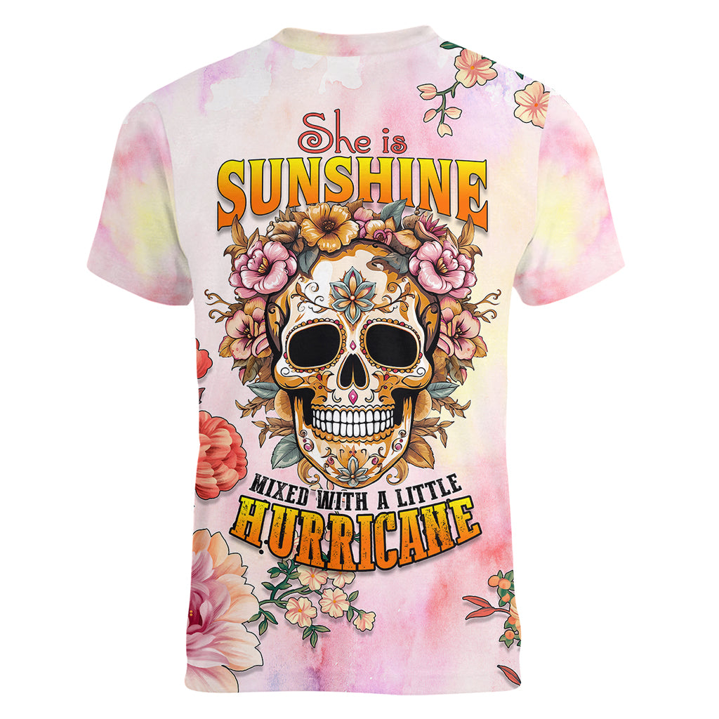 flower-skull-women-v-neck-t-shirt-she-is-sunshine-mixed-with-a-little-hurricane