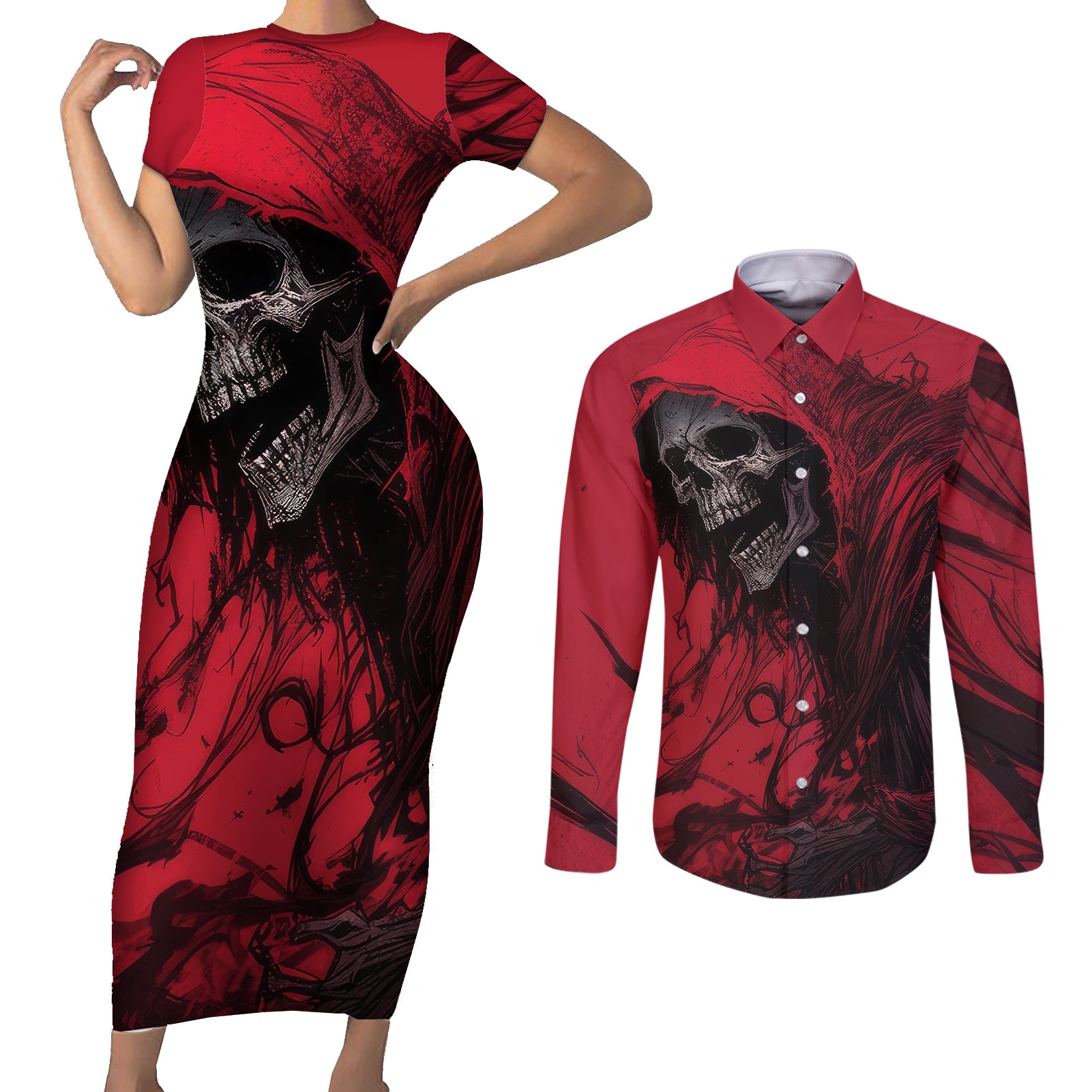 skull-death-couples-matching-short-sleeve-bodycon-dress-and-long-sleeve-button-shirts-your-time