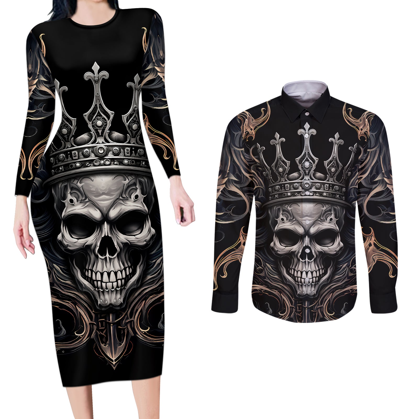 skull-fantasy-couples-matching-long-sleeve-bodycon-dress-and-long-sleeve-button-shirts-who-needs-inner-demons-when-you-are-the-demon