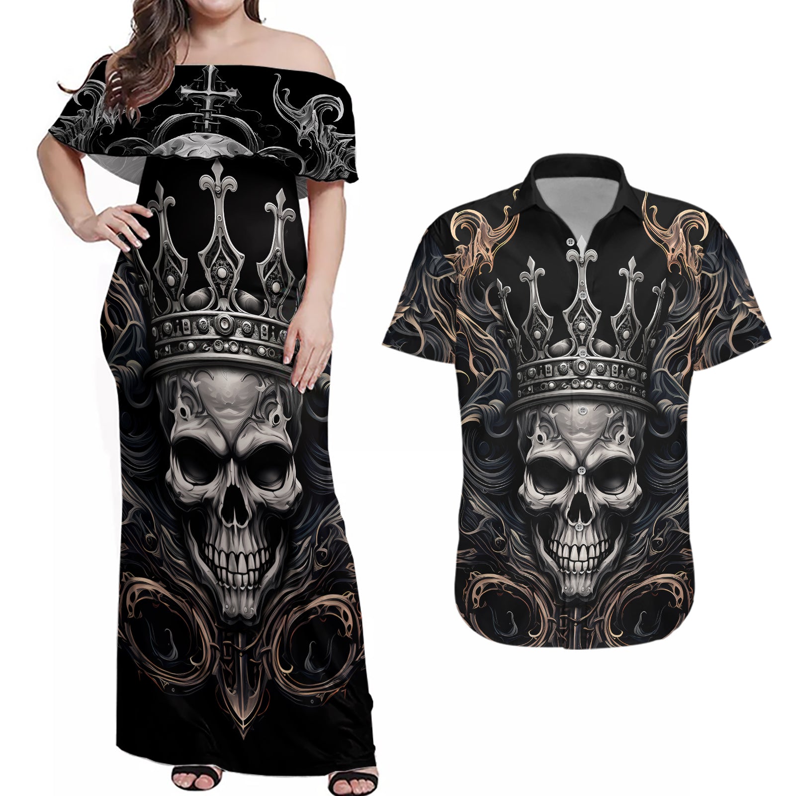 skull-fantasy-couples-matching-off-shoulder-maxi-dress-and-hawaiian-shirt-who-needs-inner-demons-when-you-are-the-demon