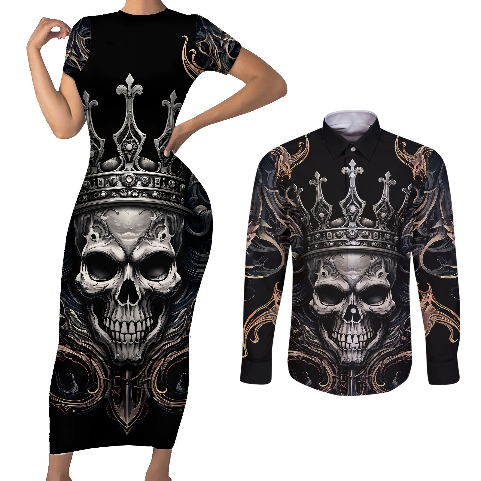 skull-fantasy-couples-matching-short-sleeve-bodycon-dress-and-long-sleeve-button-shirts-who-needs-inner-demons-when-you-are-the-demon