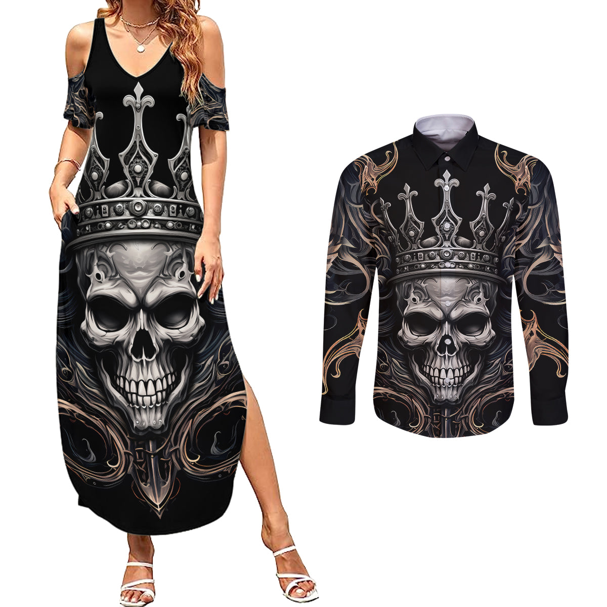 skull-fantasy-couples-matching-summer-maxi-dress-and-long-sleeve-button-shirts-who-needs-inner-demons-when-you-are-the-demon