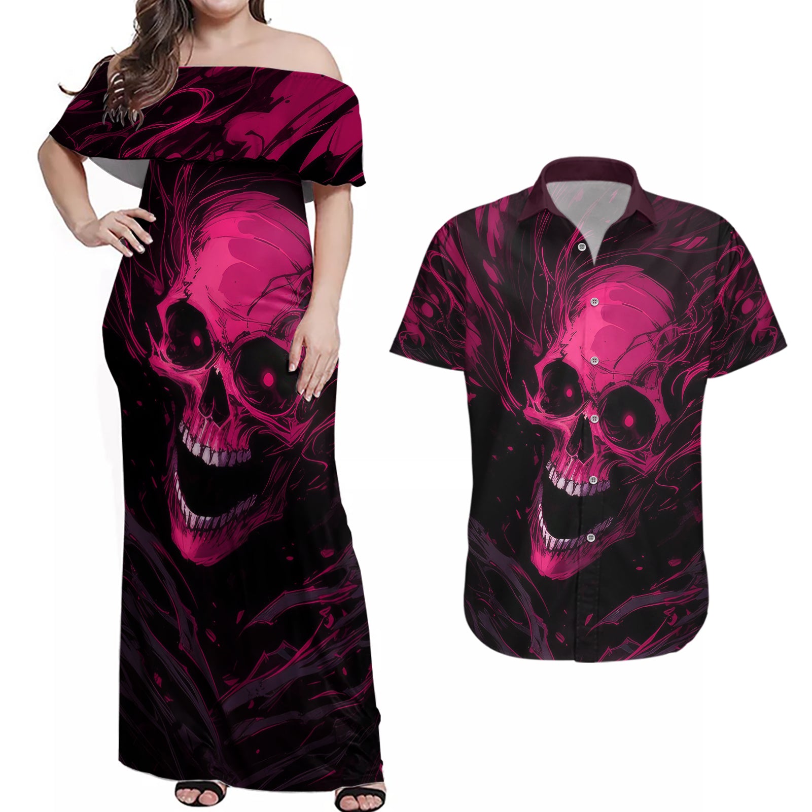 death-skull-couples-matching-off-shoulder-maxi-dress-and-hawaiian-shirt-im-scary-enough-without-a-costume