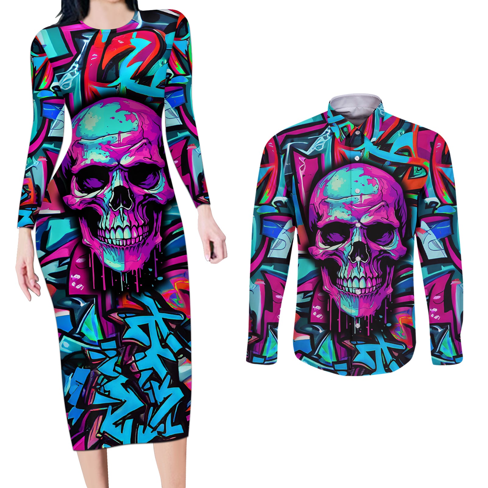 skull-grafity-couples-matching-long-sleeve-bodycon-dress-and-long-sleeve-button-shirts-you-are-never-too-young-to-dream-big