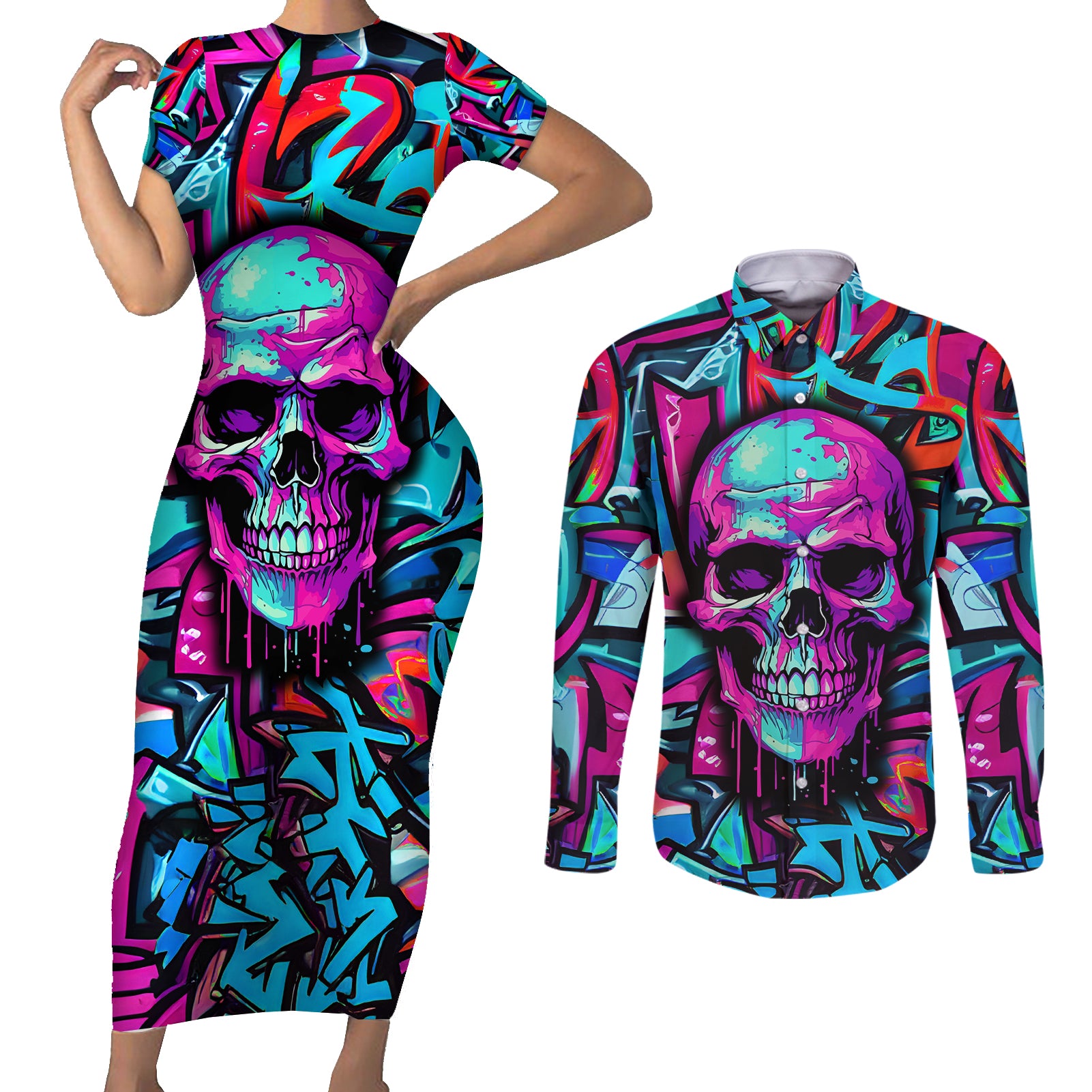 skull-grafity-couples-matching-short-sleeve-bodycon-dress-and-long-sleeve-button-shirts-you-are-never-too-young-to-dream-big