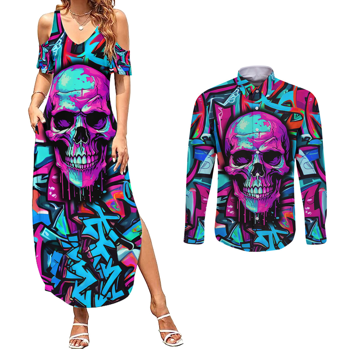 skull-grafity-couples-matching-summer-maxi-dress-and-long-sleeve-button-shirts-you-are-never-too-young-to-dream-big