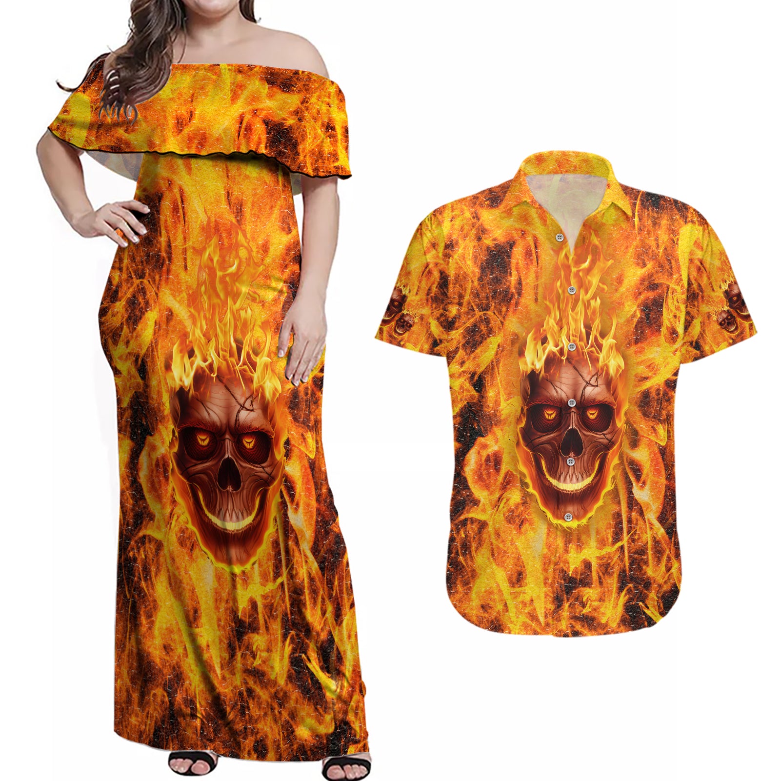 three-skulls-flaming-couples-matching-off-shoulder-maxi-dress-and-hawaiian-shirt-high-on-fire