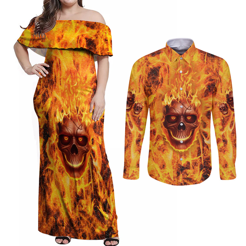 three-skulls-flaming-couples-matching-off-shoulder-maxi-dress-and-long-sleeve-button-shirts-high-on-fire