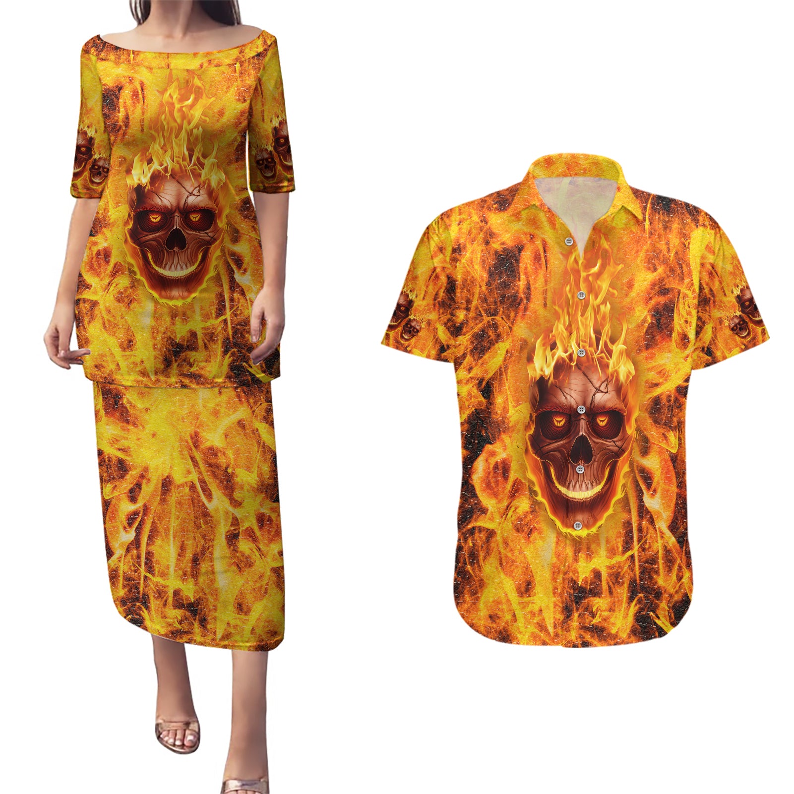 three-skulls-flaming-couples-matching-puletasi-dress-and-hawaiian-shirt-high-on-fire