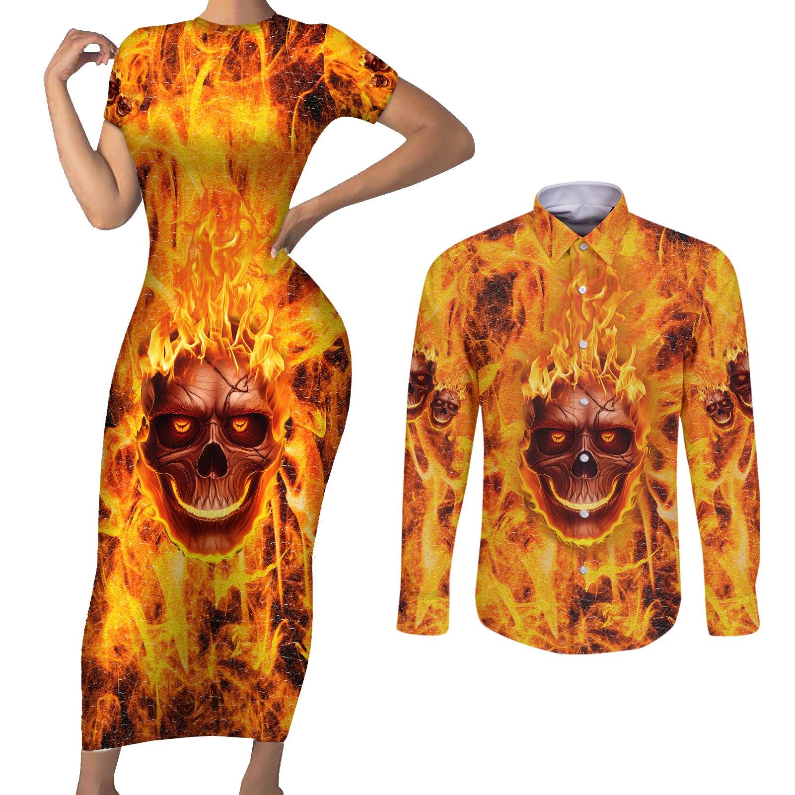 three-skulls-flaming-couples-matching-short-sleeve-bodycon-dress-and-long-sleeve-button-shirts-high-on-fire