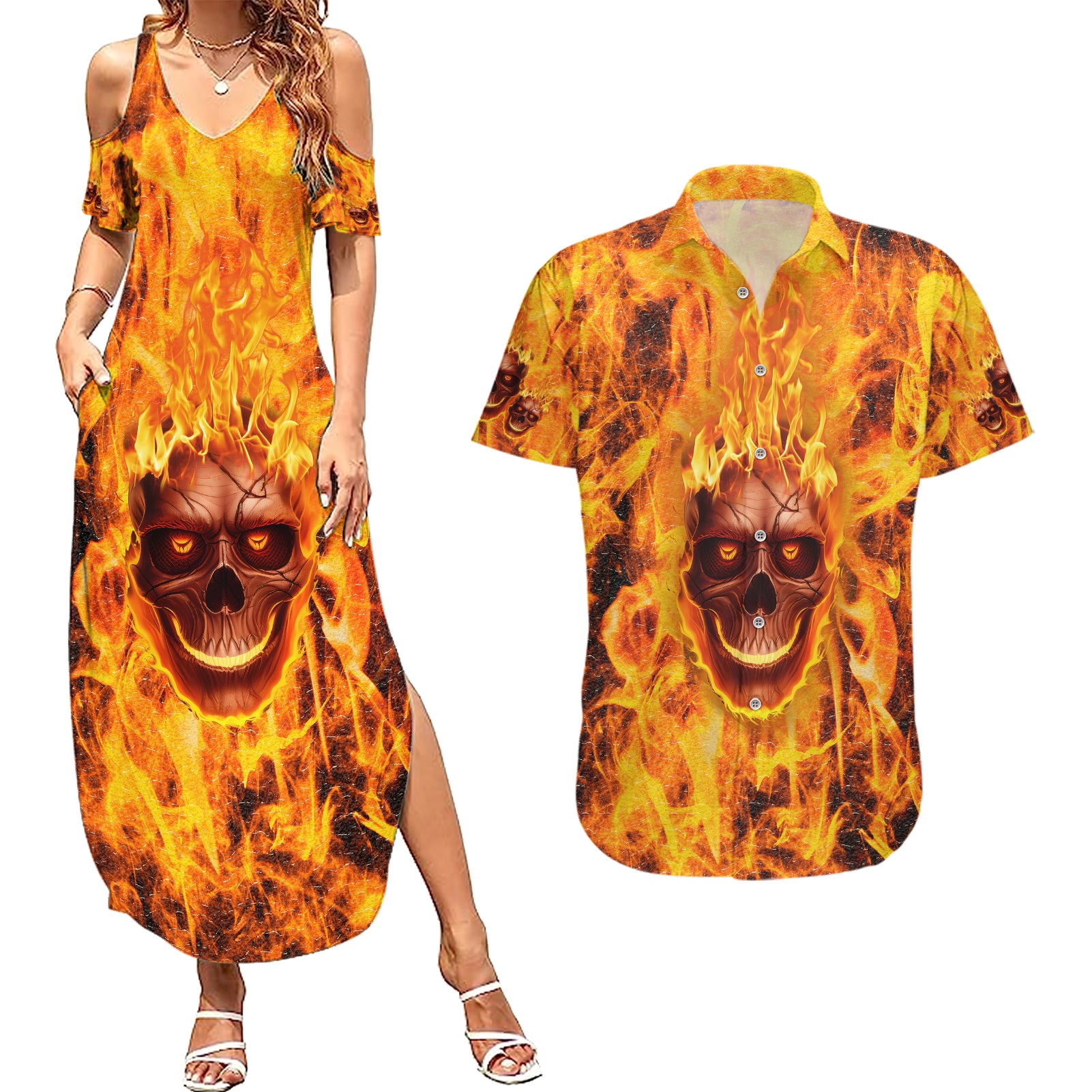 three-skulls-flaming-couples-matching-summer-maxi-dress-and-hawaiian-shirt-high-on-fire