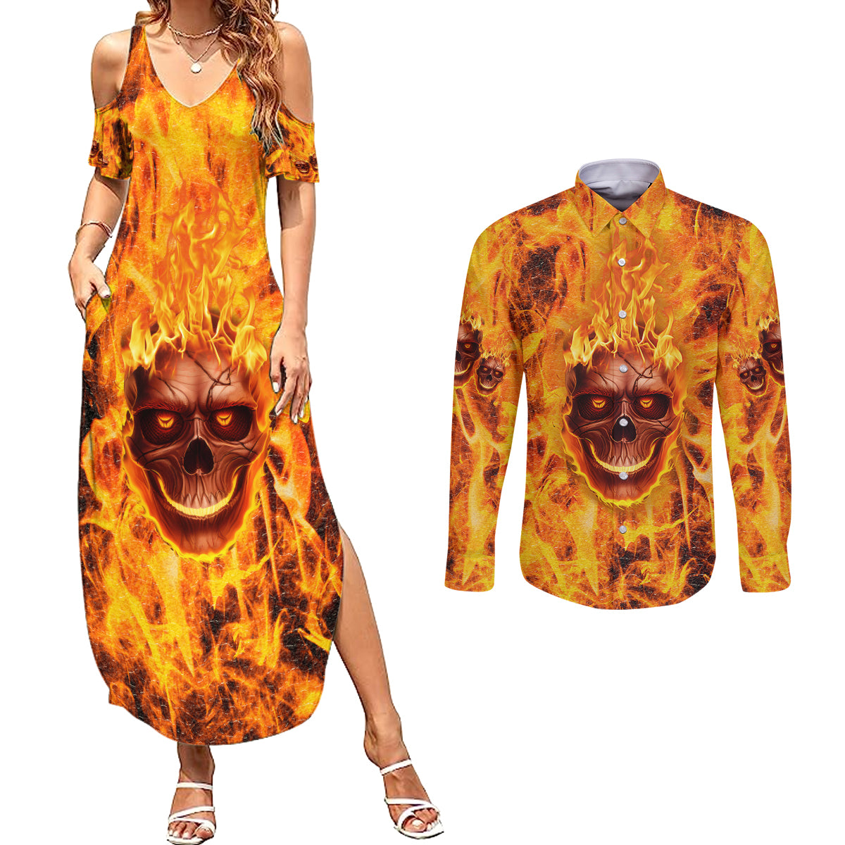 three-skulls-flaming-couples-matching-summer-maxi-dress-and-long-sleeve-button-shirts-high-on-fire