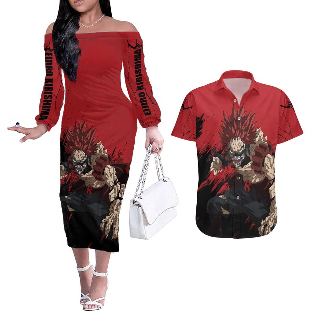 Eijiro Kirishima - My Hero Academia Couples Matching Off The Shoulder Long Sleeve Dress and Hawaiian Shirt Japan Anime Style