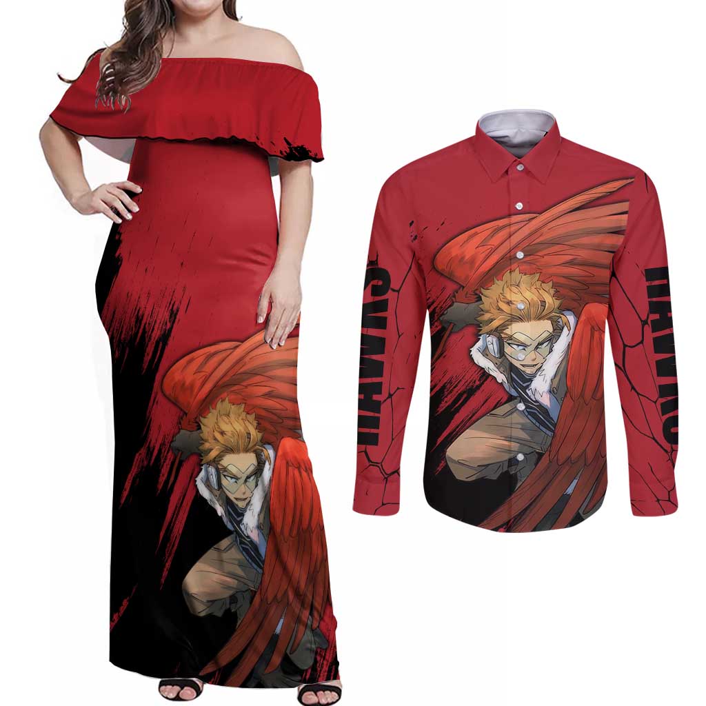 Hawks  - My Hero Academia Couples Matching Off Shoulder Maxi Dress and Long Sleeve Button Shirt Anime Style