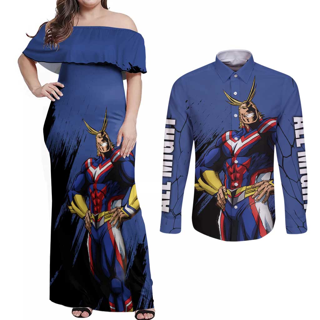 All Might - My Hero Academia Couples Matching Off Shoulder Maxi Dress and Long Sleeve Button Shirt Anime Style