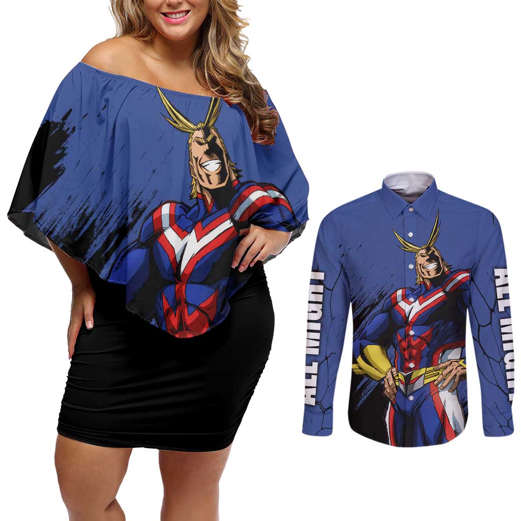 All Might - My Hero Academia Couples Matching Off Shoulder Short Dress and Long Sleeve Button Shirt Anime Style