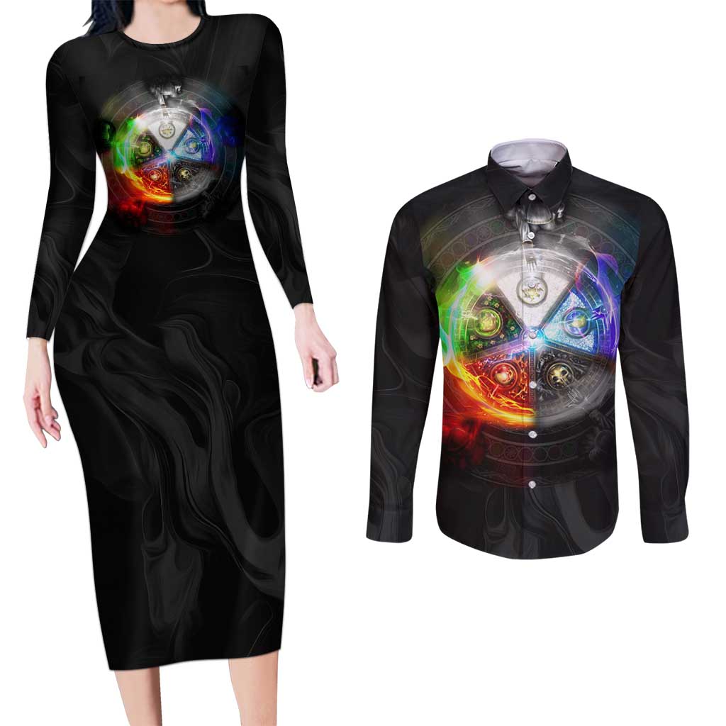 Elements of Magic the Gathering Couples Matching Long Sleeve Bodycon Dress and Long Sleeve Button Shirt Anime Style