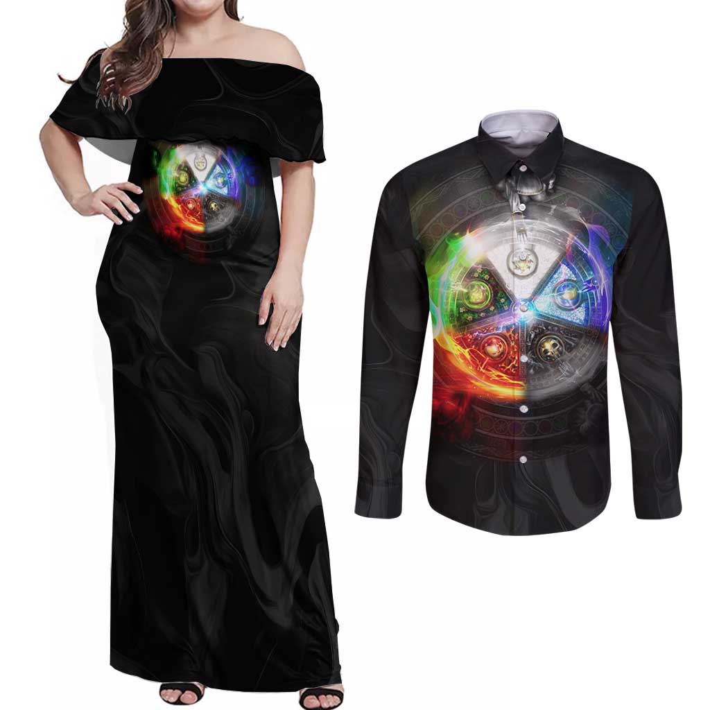 Elements of Magic the Gathering Couples Matching Off Shoulder Maxi Dress and Long Sleeve Button Shirt Anime Style