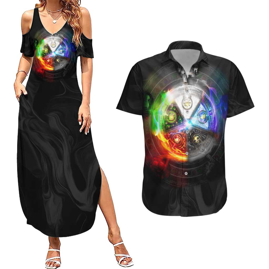 Elements of Magic the Gathering Couples Matching Summer Maxi Dress and Hawaiian Shirt Anime Style