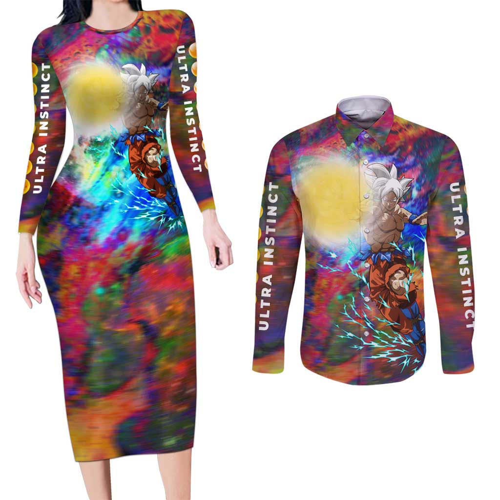 Trippy Ultra Instinct Goku Dragon Ball Z Couples Matching Long Sleeve Bodycon Dress and Long Sleeve Button Shirt Anime Style