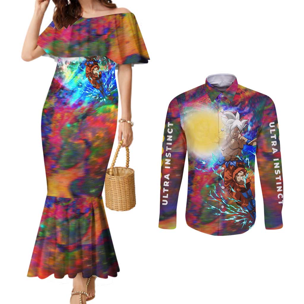 Trippy Ultra Instinct Goku Dragon Ball Z Couples Matching Mermaid Dress and Long Sleeve Button Shirt Anime Style