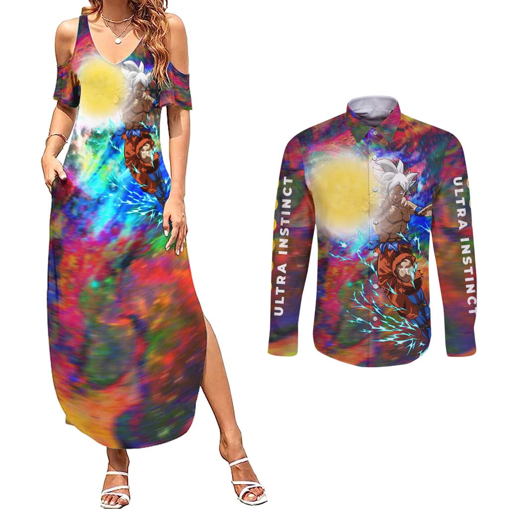 Trippy Ultra Instinct Goku Dragon Ball Z Couples Matching Summer Maxi Dress and Long Sleeve Button Shirt Anime Style