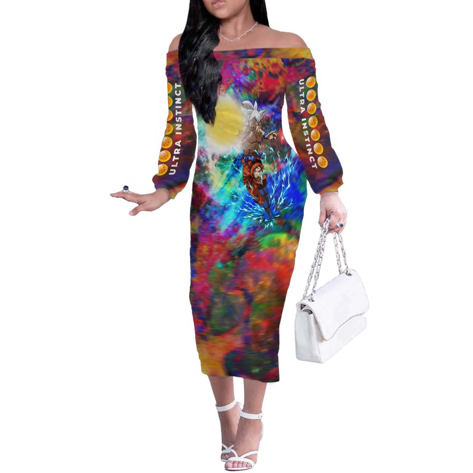 Trippy Ultra Instinct Goku Dragon Ball Z Off The Shoulder Long Sleeve Dress Anime Style