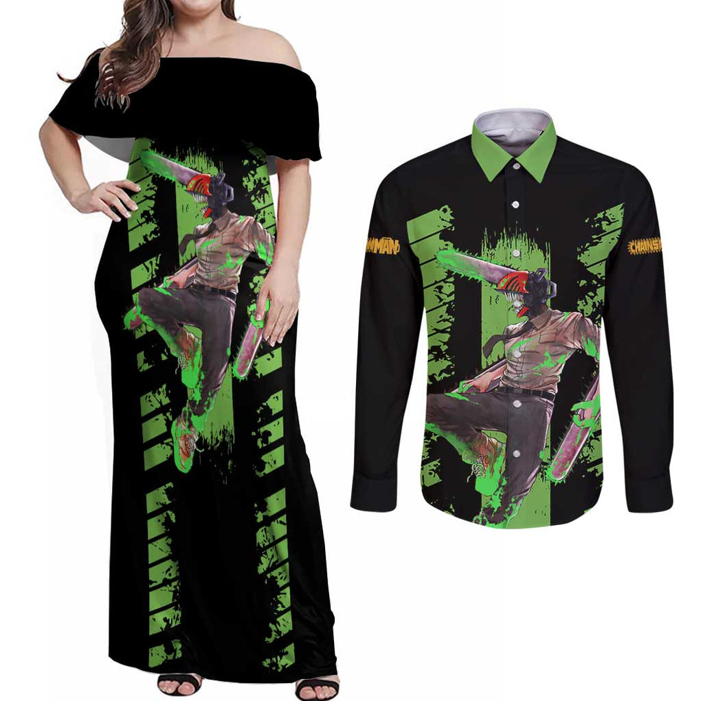 Denji Chainsaw Man Couples Matching Off Shoulder Maxi Dress and Long Sleeve Button Shirt Anime Cyper Art Style