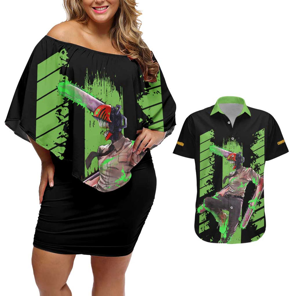 Denji Chainsaw Man Couples Matching Off Shoulder Short Dress and Hawaiian Shirt Anime Cyper Art Style