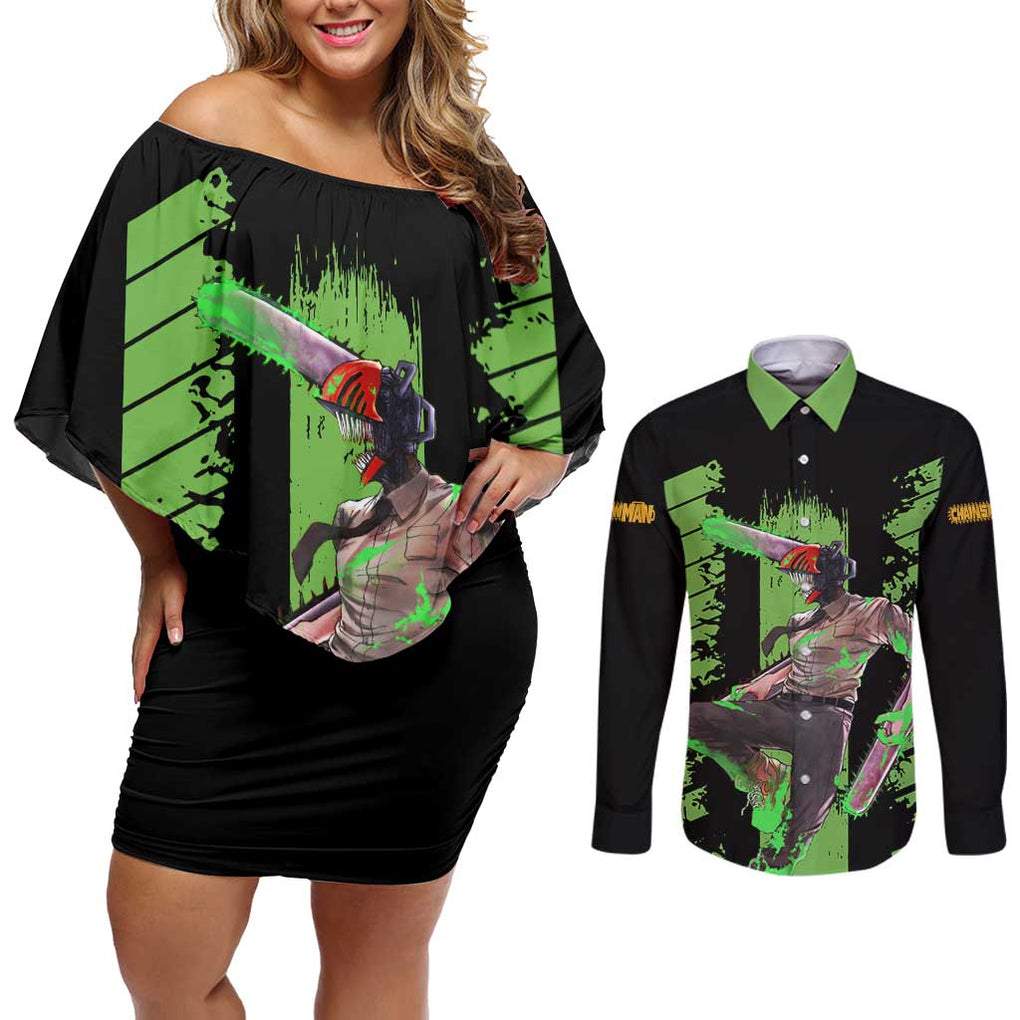 Denji Chainsaw Man Couples Matching Off Shoulder Short Dress and Long Sleeve Button Shirt Anime Cyper Art Style