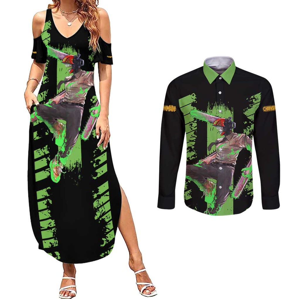 Denji Chainsaw Man Couples Matching Summer Maxi Dress and Long Sleeve Button Shirt Anime Cyper Art Style