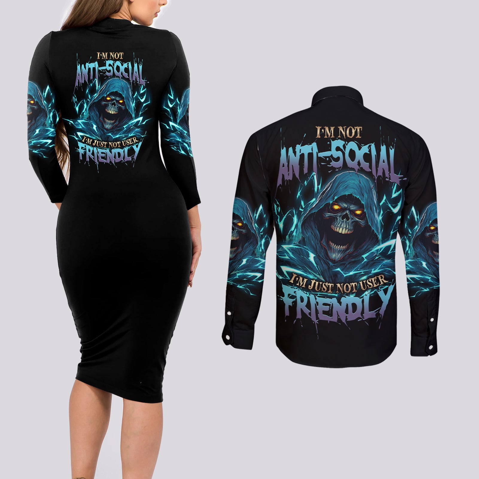 im-not-anti-social-mad-reaper-skull-couples-matching-long-sleeve-bodycon-dress-and-long-sleeve-button-shirt