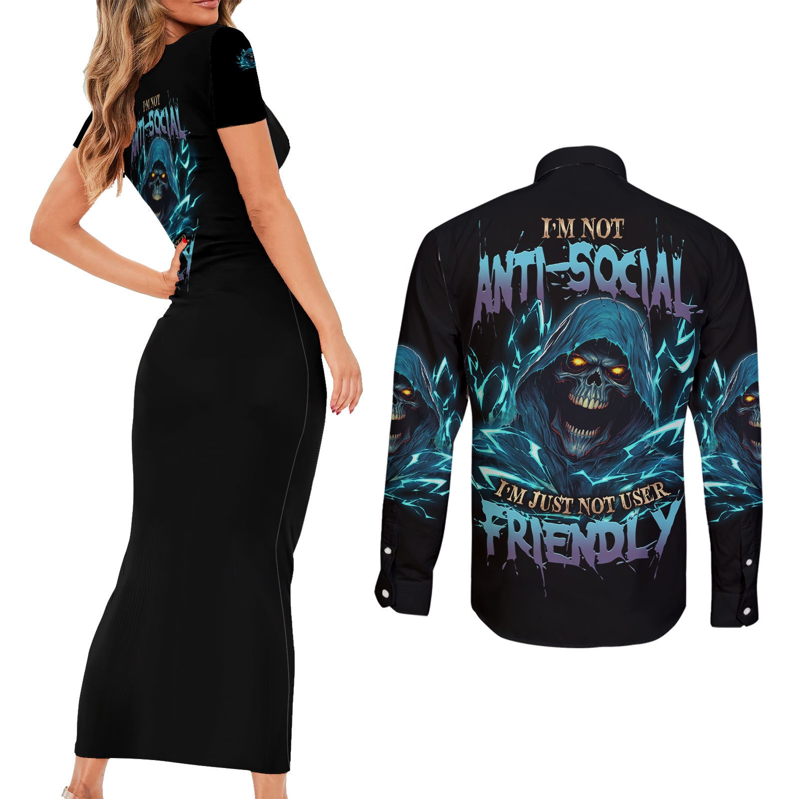 im-not-anti-social-mad-reaper-skull-couples-matching-short-sleeve-bodycon-dress-and-long-sleeve-button-shirt